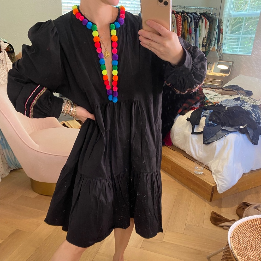 Pitusa Black Dress with Multicolor Pom-Pom Accents